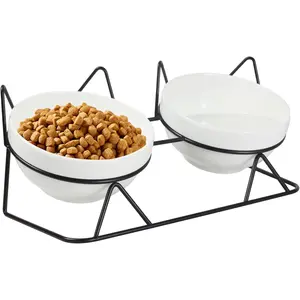 Elevated Tilted Cat Bowls – Raised Ceramic Cat Food & Water Bowl Set with 15° Tilt, Anti Vomit Feeding Dish for Indoor Cats