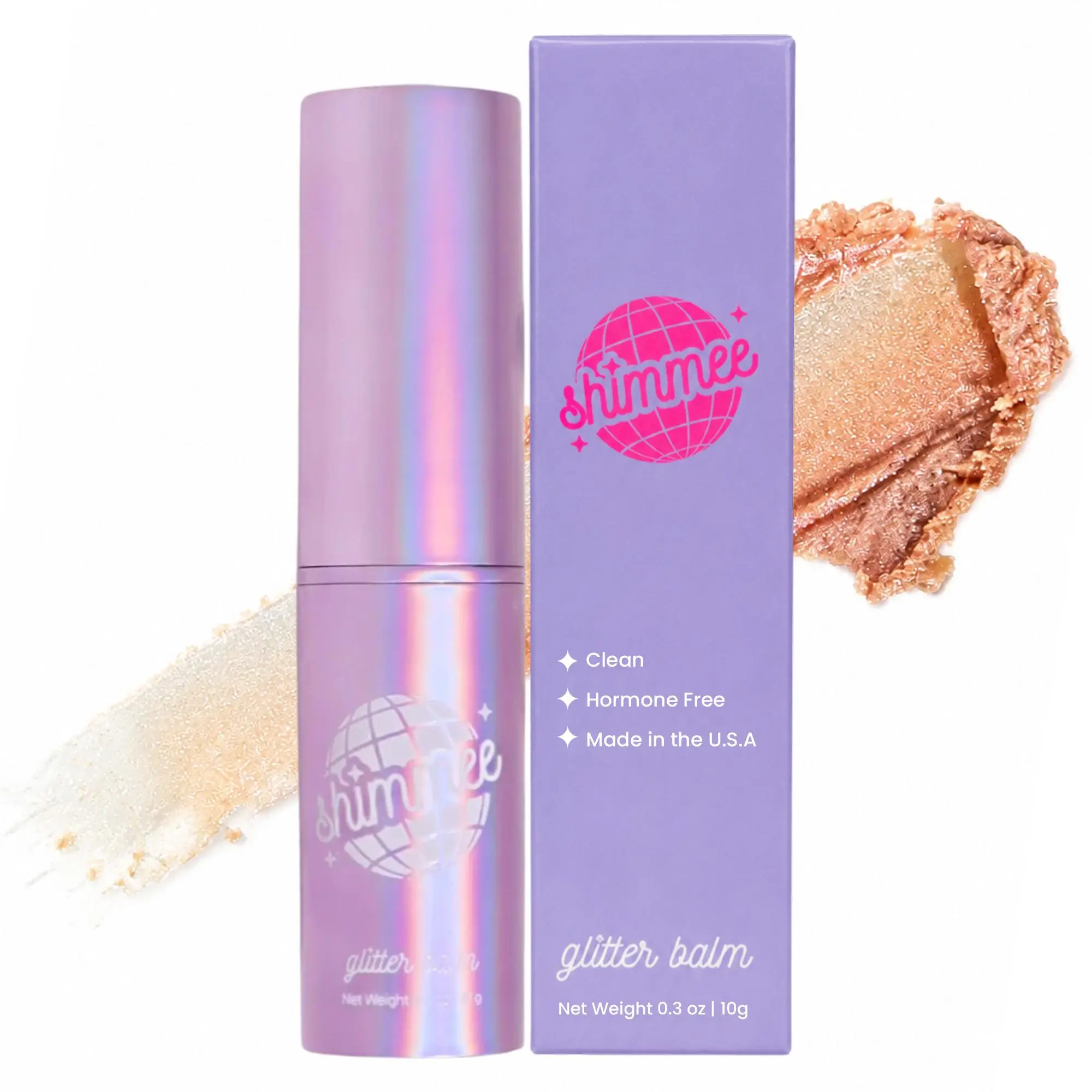 Shimmee Pink Iridescent Body Glitter Balm Stick for Face Body Hair Vitamin E Hydrating Shimmer Stick Vegan Fragrance Free No Glue Glitter Made in USA