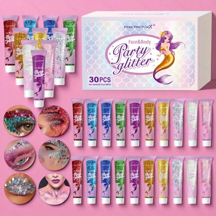 30pcs Body Glitter Gel Set, 10 Colors Face & Hair Sparkly Shimmer, Self-Adhesive Thick Holiday Accessories, Makeup Sparkle, Halloween & Christmas Decorations, Glam Pack Glitter