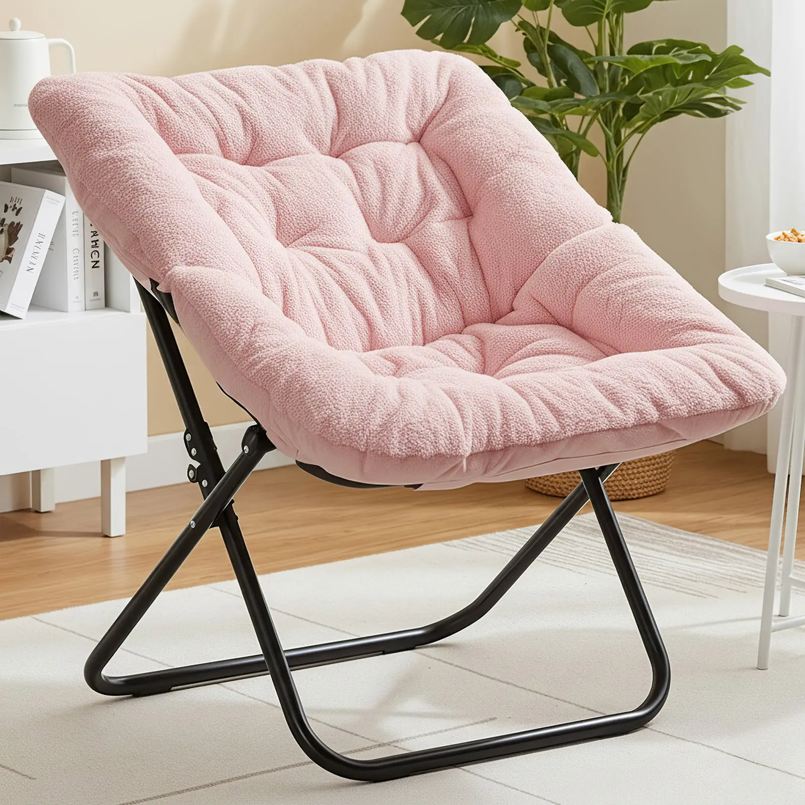EDX Adult Comfy Armless Faux Fur Folding Saucer Lounge Chair - Modern Solid Steel Frame, Fully Assembled, Easy Spot-Clean, Indoor Bedroom Seat, Steel & Fur Construction, Foldable (White/Pink/Grey), Durable
