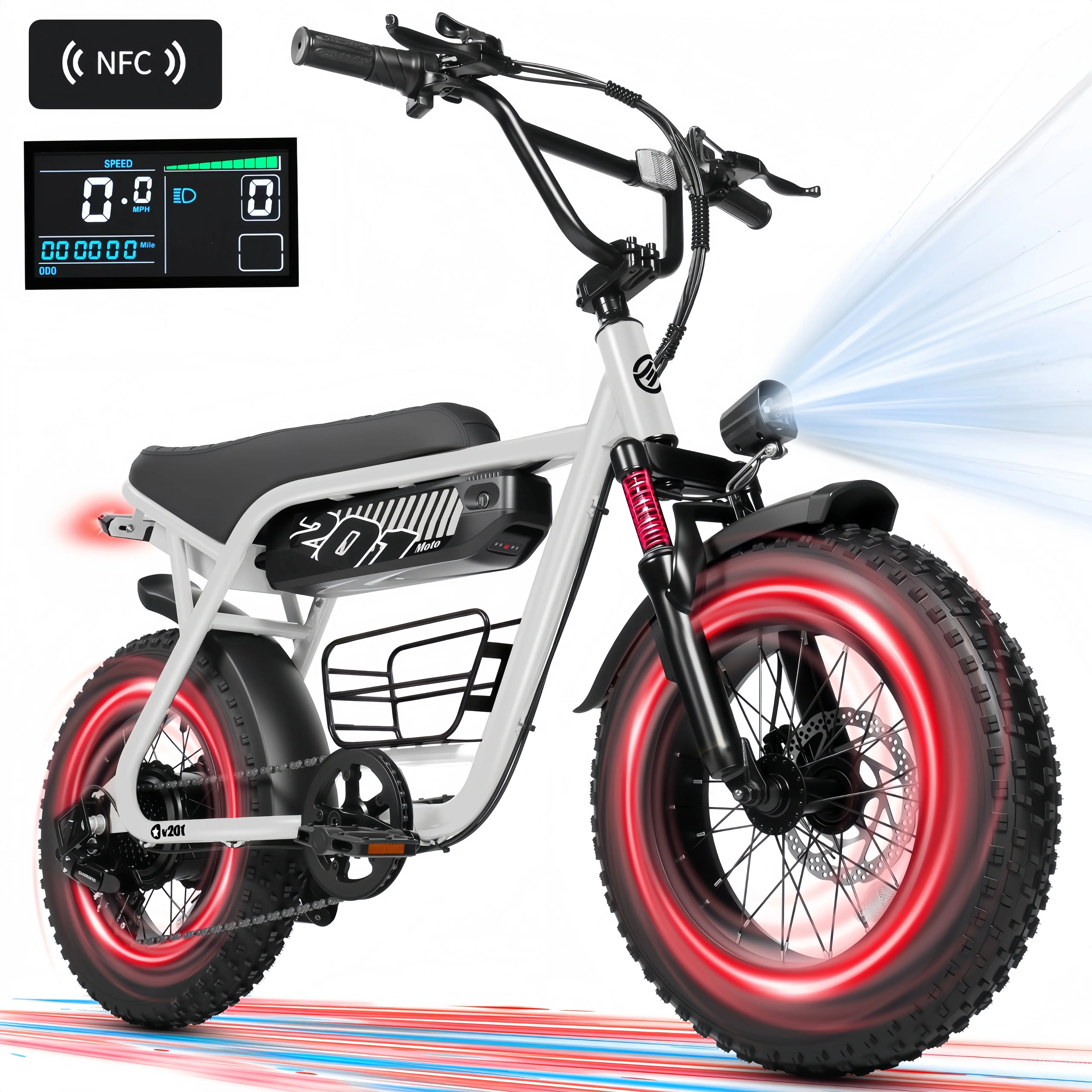 ESKUTE V201 Electric Bike for Adults & Youth, 20" Fat Tire Off-Roading Bicycle with 1500W Peak Motor, 30-34 MPH, 65 Miles Range, 7-Speed Commuter, Cruise Control, Front Suspension, NFC Unlock, All Terrain Bicycle, Birthday, Graduation