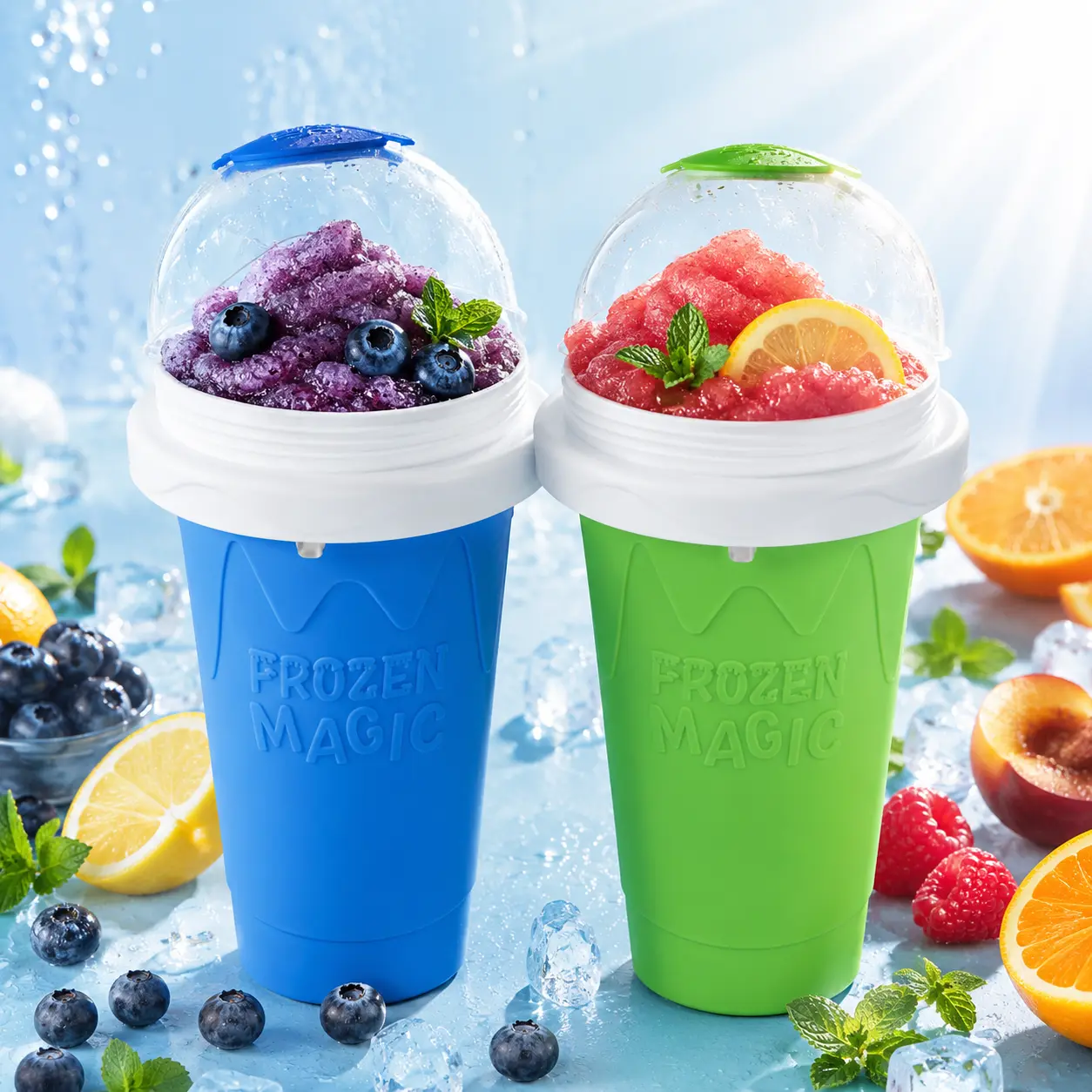 Slushy Maker with Lid and Spoon,Slushy Maker Cup Set of 2, Blue Green Silicone Frozen Drink Cups, Squeeze Slushie Cups for Summer Drinks, DIY Smoothies, Juice, Soda, Iced Coffee, Tea, Reusable Cooling Cups for Home and Outdoor Use
