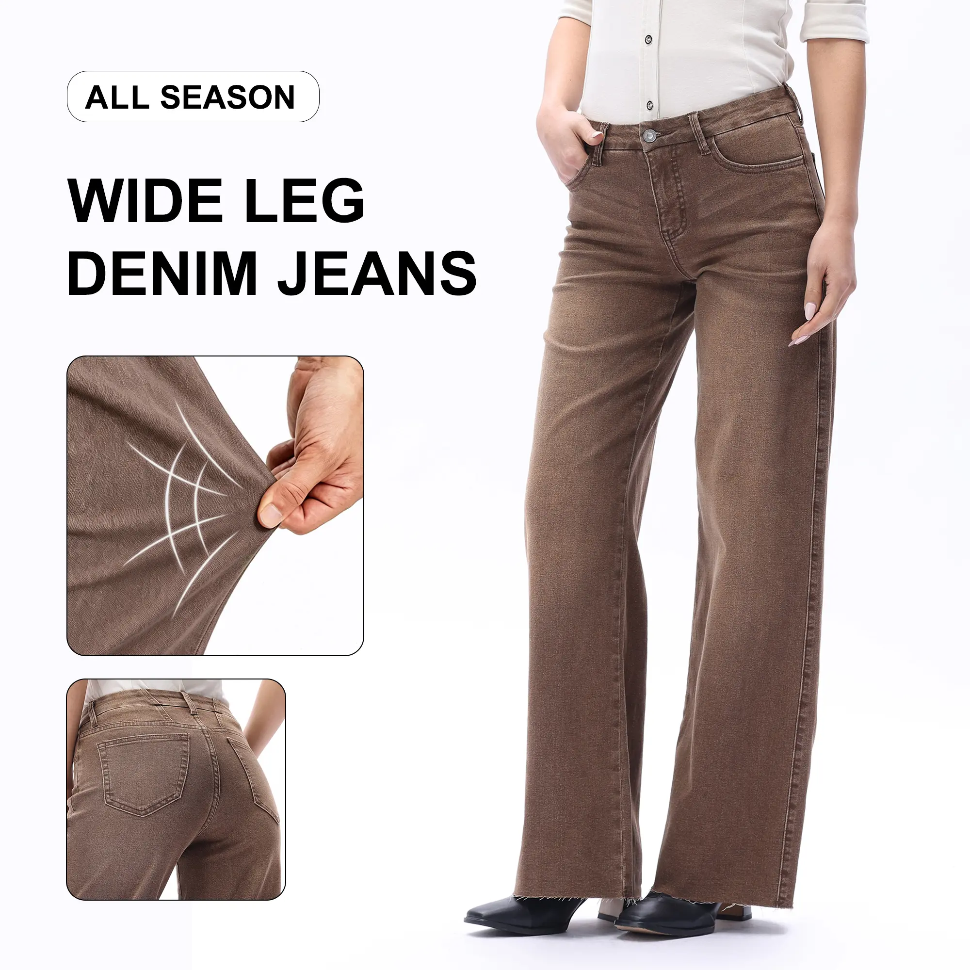 ONESO Women's Baggy Wide Leg Jeans Mid Rise Raw Hem Soft Denim Warm Brown Tone Neutral Look Coffee Date Casual Weekend Outfit Comfort Stretch Styling Soft Denim Feel Breathable Everyday Wear#Summer Vibes