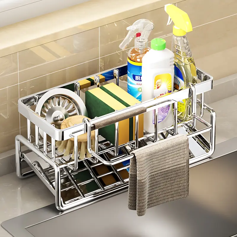 Kitchen Sink Caddy Organizer - Home Organizers with Auto Drain, Drying Racks, Sponge Holder, Towel Rack for Cleanliness & Convenient Sink Storage