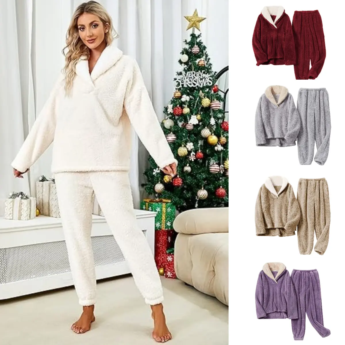 Tanming Women's 2-Piece Fluffy Sherpa Fleece Pajama Set - Cozy Loungewear with Drop-Shoulder Long-Sleeve Pullover, Pocketed Jogger Pants, Basic Design, Machine-Washable Nightwear