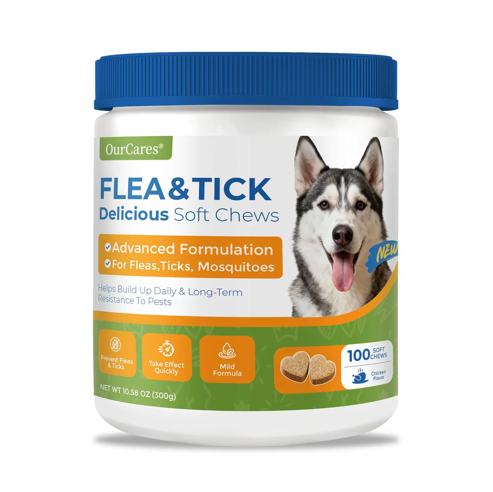 OURCARES Collarfree Care Flea & Tick Prevention Soft Chew Dog Treats - 100 Count Chicken Bites, Plant-Based Health Supplements with Vitamin, Probiotics, Coconut Oil, Flaxseed, Fish Oil, Gluten Free, Universal for All Breeds & Ages,back to school