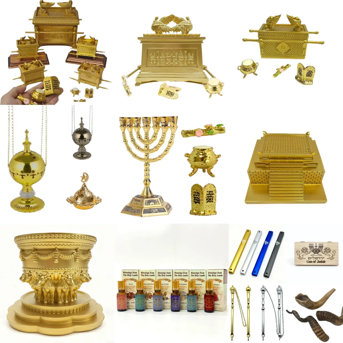 Jewish Religious Sacred Art Collectible Set - 111-Item Decoration Box with Golden Ark of the Covenant, 7-Branch Menorah, Real Shofar Horn, Mezuzah Case, Yad Torah Pointer, Incense Altar, Ornaments for Desk Home Decor, Biblical Israel Souvenirs