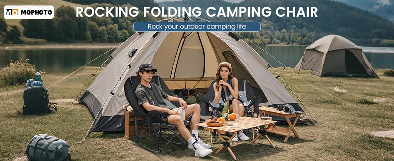 MOPHOTO Rocking Camping Chair,XXL Oversized Folding Fully Padded Outdoor Lawn Chair with Side Pocket,Portable Recliner for Patio, Backyard, Supports 400 lbs