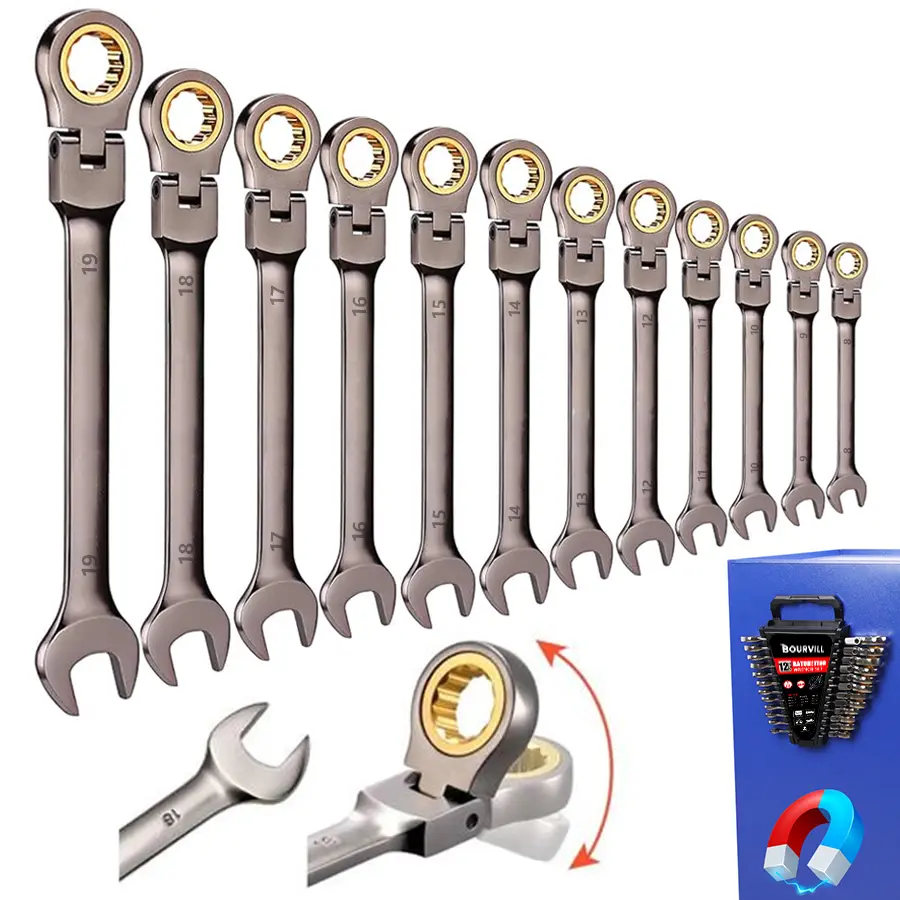 12-Piece Multifunctional Flex-Head Ratcheting Wrench Set Metric 8 mm-19 mm72 Teeth Cr-V Steel Flexible Combination Wrench SetCar & Automotive Tools with storage rack  Household & Automotive Repairs Multifunctional Wrench Set