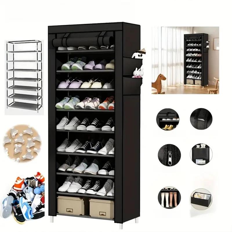 10 Tier Shoe Rack 9 Grids with Dustproof Cover, Adjustable Standing Shelf, Large Capacity Storage Rack, Dustproof Stackable, Freestanding Shoes Organizer, Plastic Metal, Black, Easy Installation