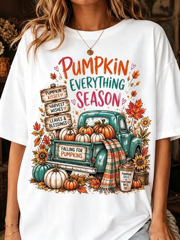 Women's Oversized Festive Print Pumpkin Season T-Shirt - Comfortable Fit Casual Top, Autumn Thanksgiving Tee with Piece Pairing Options for Jeans/Leggings, Machine Washable