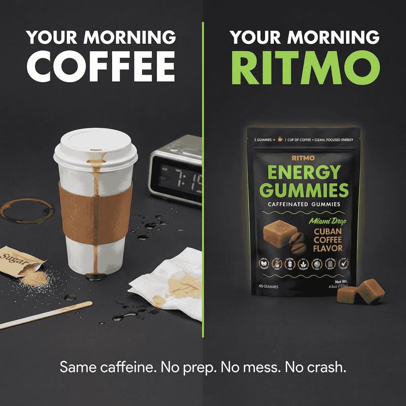 RITMO Cuban Coffee Energy Gummies 15 Servings – Caffeine + L-Theanine + Creatine, No Jitters No Crash