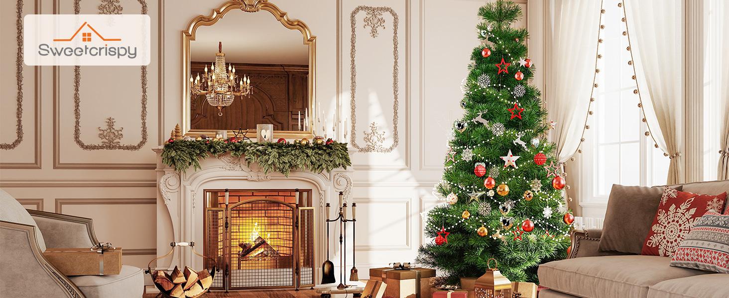 Pre-lit Artificial Christmas Tree with Branch Tips 250 Incandescent Lights Foldable Base for Home Office Party Green White Snow Flocked Design