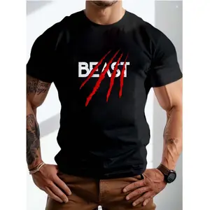 Graphic Tee Men'S  Beast Graphic T-Shirt - Casual Black Cotton Tee with Red Claw Print, Breathable & Comfortable, Round Neck Short Sleeve Top for Spring/Summer, Breathable Clothing | Animal Print Shirt | Cotton Fabric, PLUS SIZE
