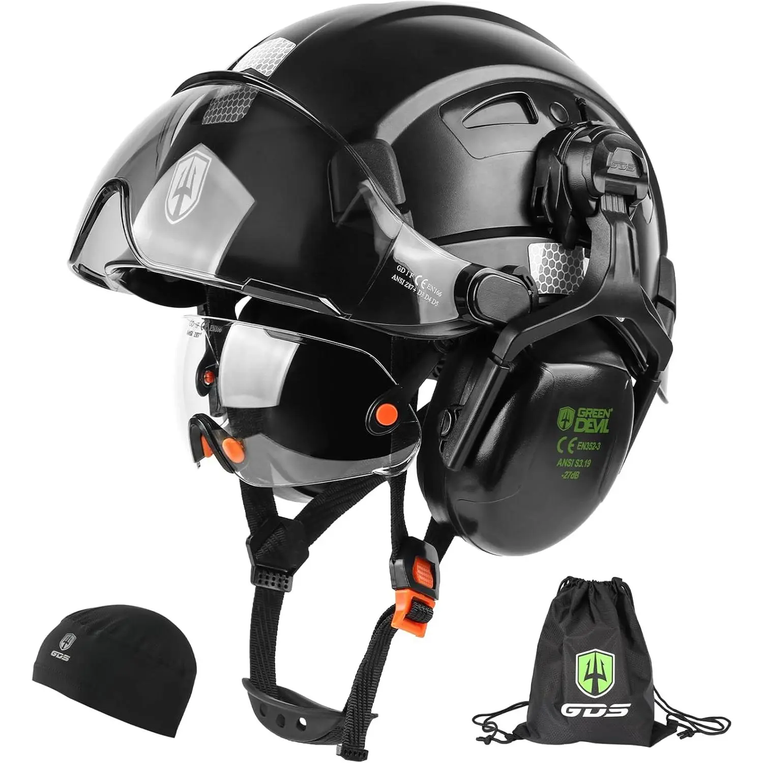 Vented Safety Helmet and Protective Gear Package, 6-in-1 System with Dual Visor and Removable Ear Muffs, Lightweight Unisex Safety Gear, New Hard Hat Design, 6-In-1 Straps, Forestry Work