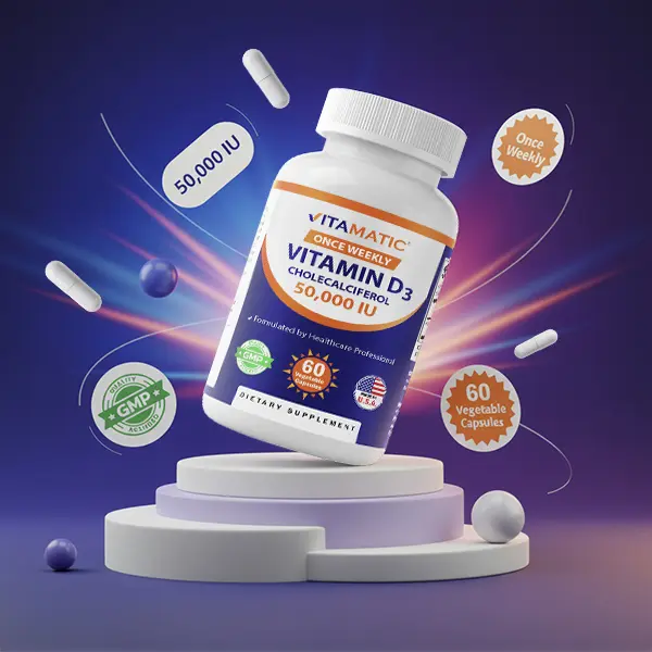 Vitamatic Vitamin D3 50,000 IU Cholecalciferol Natural Dietary Supplement - 60 Edible Veggie Capsules (1250 mcg), Once Weekly Dose, Gluten Free, Sugar Free, No Yeast, Wheat, Egg, for Fitness & Body Health Support