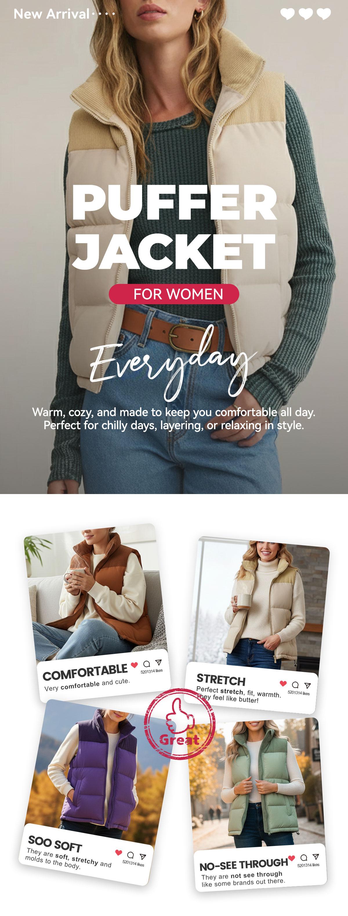 SHOWITTY Women’s Zip Up Puffer Vest with Pockets – Stand Collar Sleeveless Padded Jacket for Fall & Winter