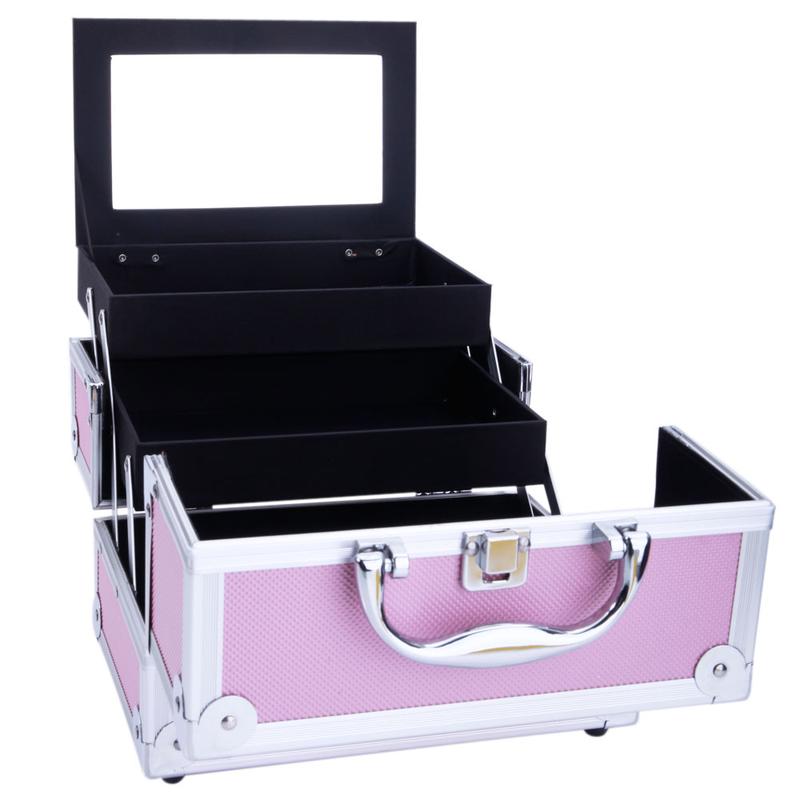 Portable top Double open aluminum alloy pink cosmetic case with mirror