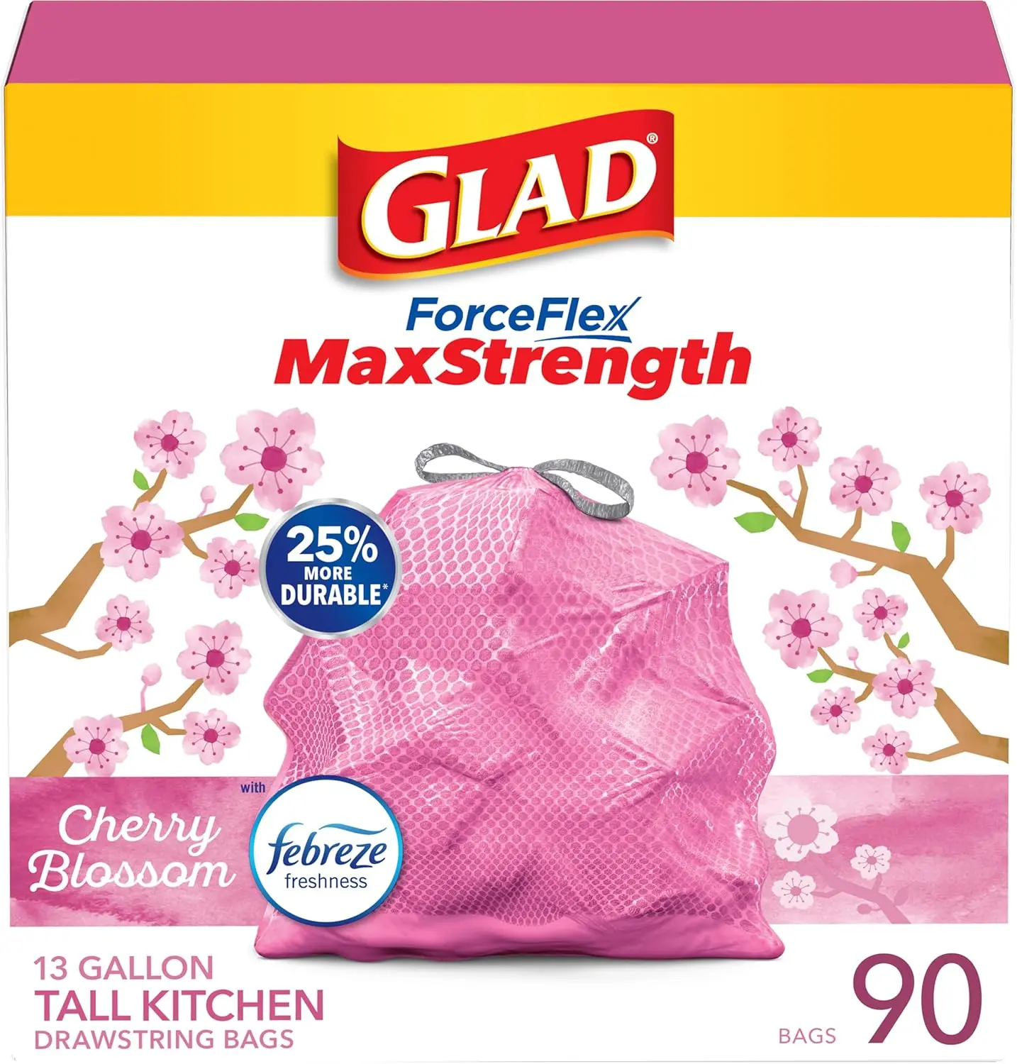 ForceFlex MaxStrength Tall Kitchen Trash Bags, Rip and Tear Resistant, Cherry Blossoms Scented Pink Tall Garbage Bags, Odor Control, Febreze Freshness, 13 Gallon, 90 Count