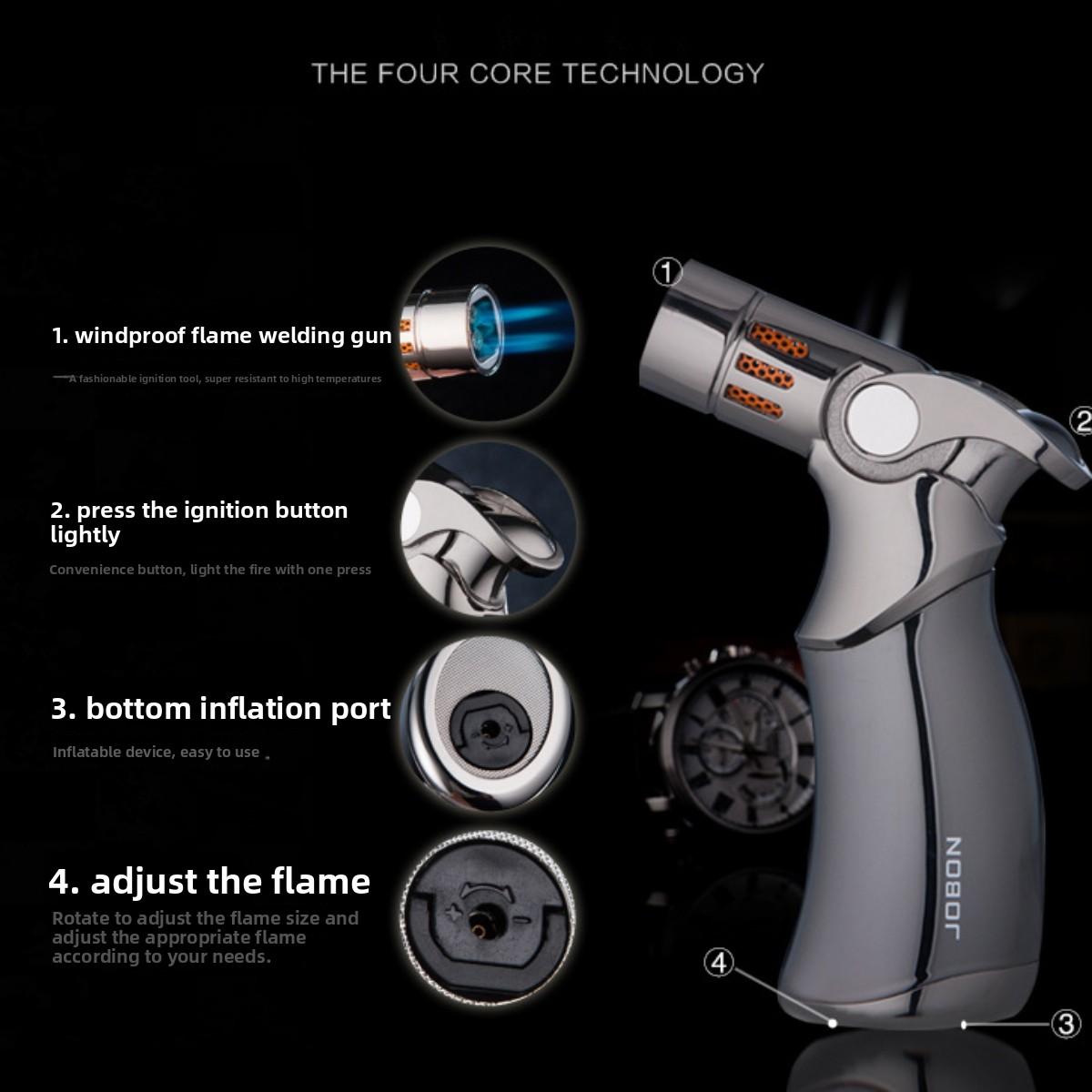 Multi-Color Luxury Metal Windproof Torch Lighter, 4 Jet Flame Refillable Butane Lighter with One-Hand Ignition, Portable Pocket Size for BBQ Camping Candle Daily Use, Available in Gold Silver Blue Black, Ideal Gift for Men (Butane Fuel Not Included)