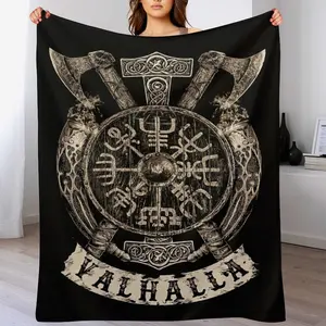 Viking Valhalla Throw Blanket ,Norse Warrior Valhalla Plush Blanket  ，Vegvísir Norse Compass & Crossed Axes, Soft Flannel for Norse Mythology & Pagan Home Decor