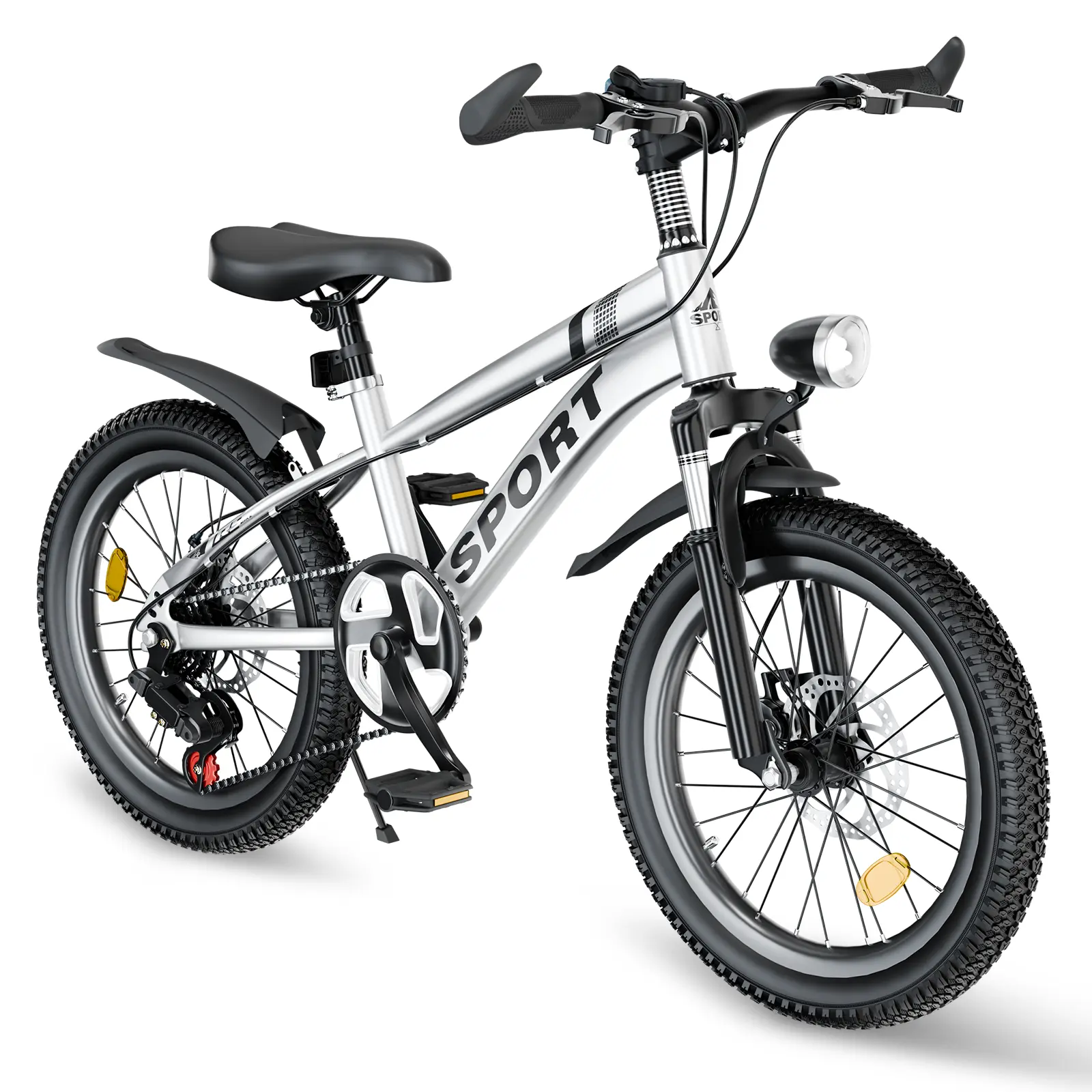 20-Inch Kids Mountain Bike with 7-Speed Gears, Dual Disc Brakes, Shock Absorber Fork, LED Light, Steel Frame, Silver & Pink, for Ages 7-12
