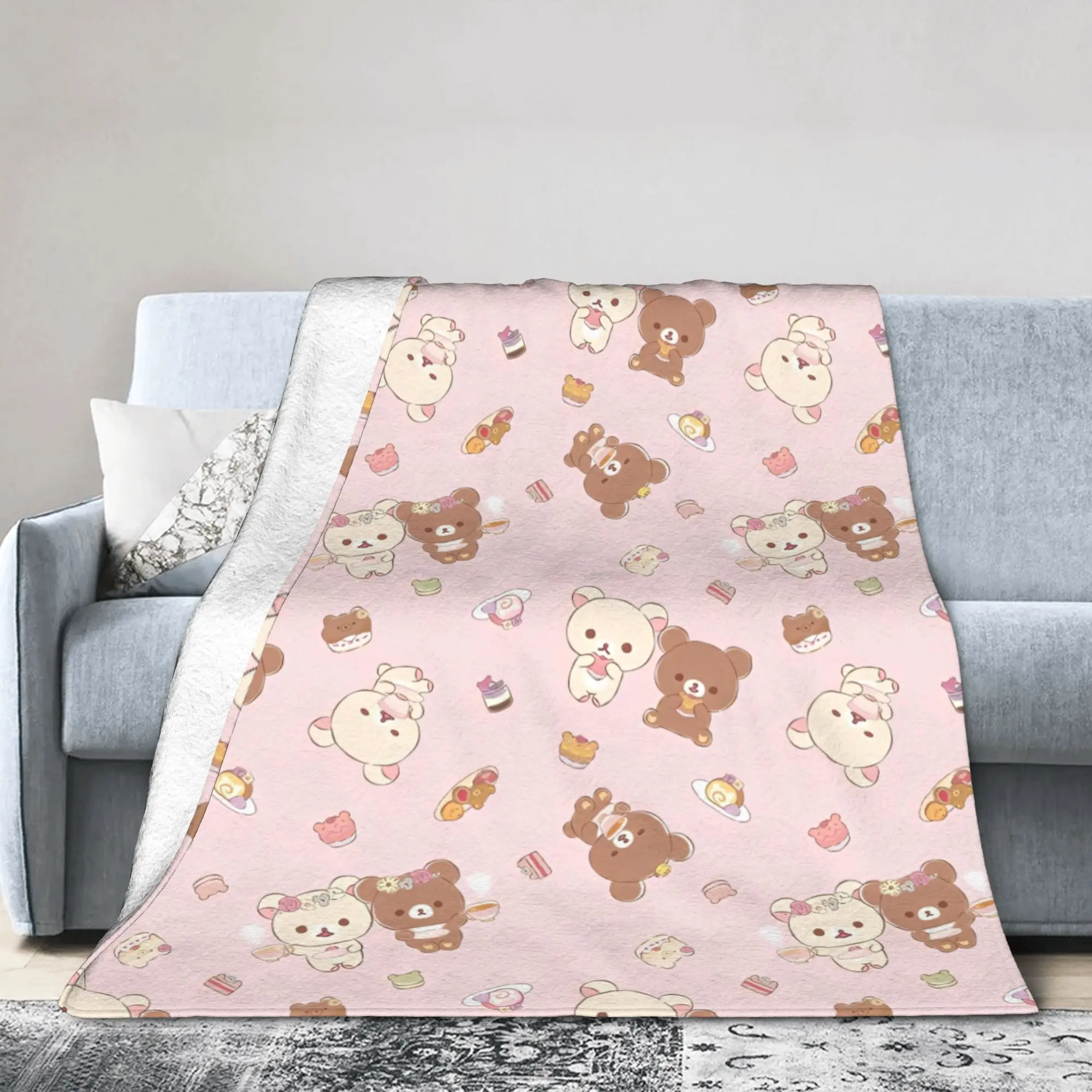 Aura Kawaii Rilakkuma Bear Cartoon Flannel Throw Blanket - Wrinkle Resistant, Soft, Warm, Portable for Bedding, Couch