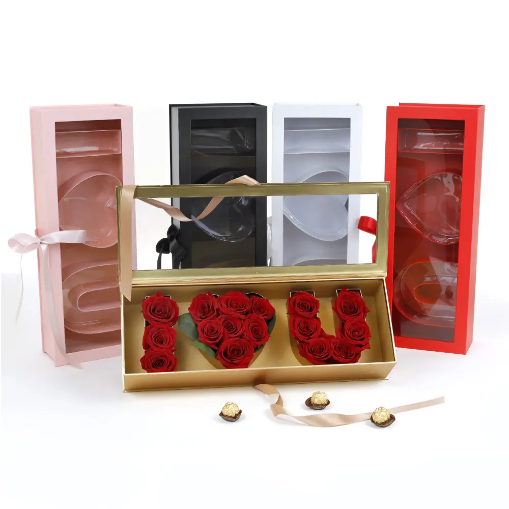 UNIKPACKAGING "I Love U" Box Clear Top Plastic Liner Ribbon Various Colors W200 Valentine Gift 22x8x4 Inch Upgraded Letter Shapes Customizable