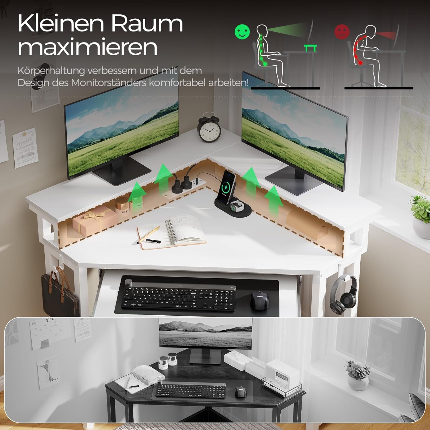 Multi-Functional Corner Desk for Home Office, 4-Color Gaming & Workstation with LED & Power Outlets, 44.5" W Small Space Computer Desk with Keyboard Tray