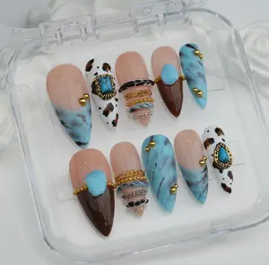 J61 Nailed by Vibe -Turquoise Western Press-On Nails, Nude Base with Blue Marble Stone, Leopard Accent and Gold Chain Details, Cowgirl Inspired Handmade Nail Set
