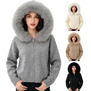 Yimoon Faux Fur Hooded Cardigan Sweaters for Women Open Front Zip Up Chunky Knit Cardigan with Fur Hood