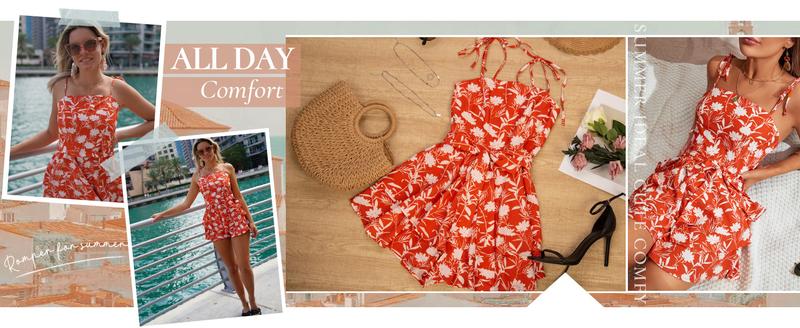 Women's All Over Print Tie Shoulder Rompers, Boho Sleeveless Spaghetti Strap Tie Wide Leg Short Romper, Holiday Vacation Beach Summer Clothes, Ladies Clothes for Daily Wear, Womenswear