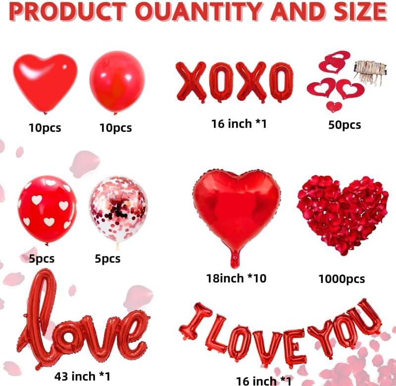 1100PCS Valentine's Day Balloons Kit with XOXO, Red Heart and I Love You Balloons,1000 Silk Rose Petals, 50 Heart Hangers for Valentines Decorations Anniversary, Proposal, Romantic Wedding Party