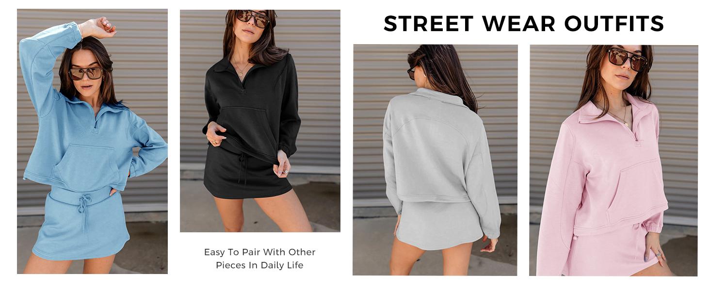 Fisoew Womens Sweatsuits 2 Piece Outfits Quarter Zip Cropped Sweatshirts Casual Mini Skorts Lounge Wear Skirts Sets SpringStatements