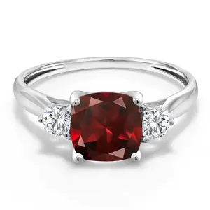 Gem Stone King 10K White Gold Red Garnet and White Moissanite 3 Stone Engagement Ring For Women (2.11 Cttw, Cushion 7MM, Gemstone January Birthstone)