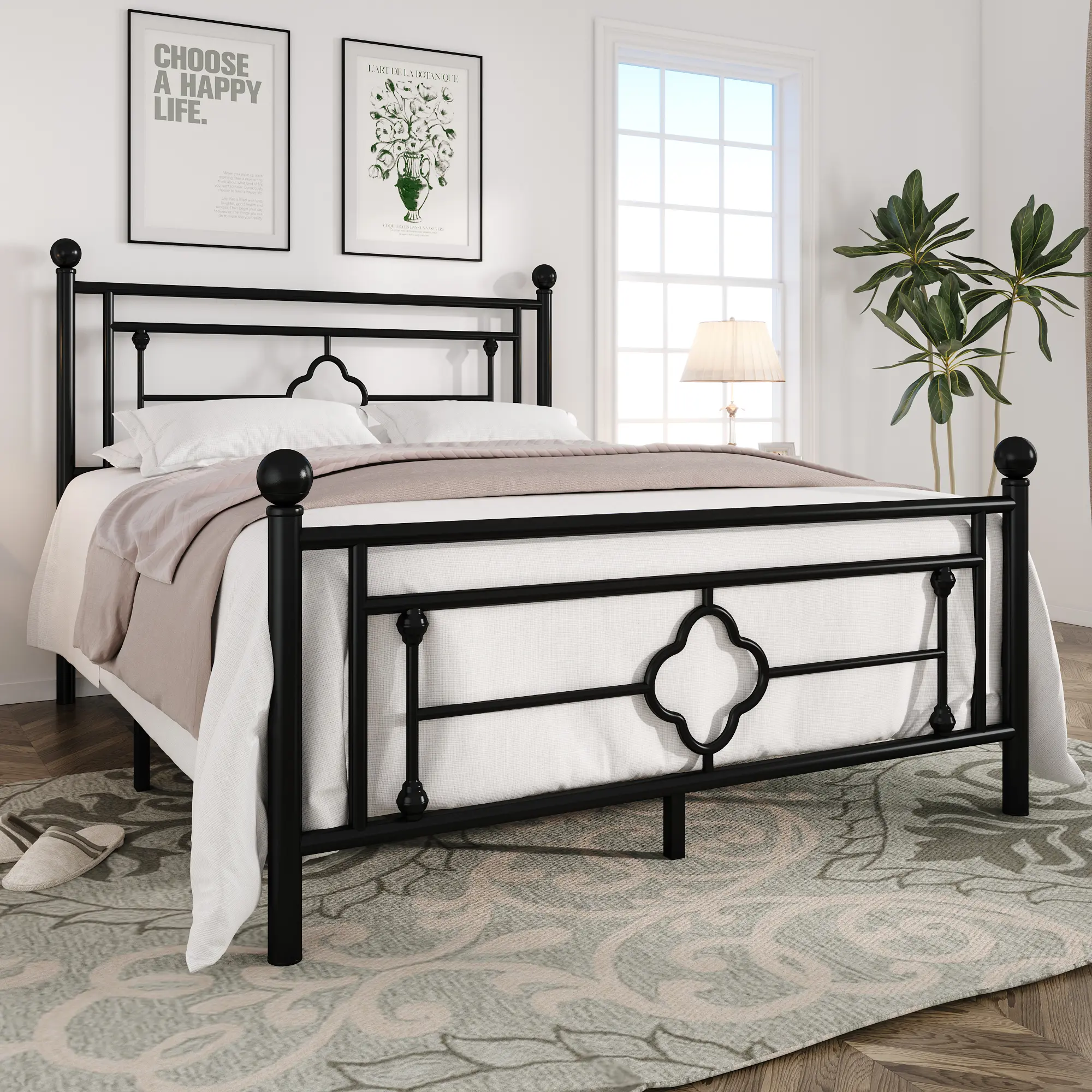 MUTICOR 14in Metal Platform Bed Frame,Vintage Iron-Art Headboard【Frame Only No Mattress】Metal Slats Support Bed Base for Storage,No Box Spring Needed,Full/King/Queen Size Bed Frame#TikTokShopDealsforYouDays#DealsforYouDays#Summervibes#Summergarden