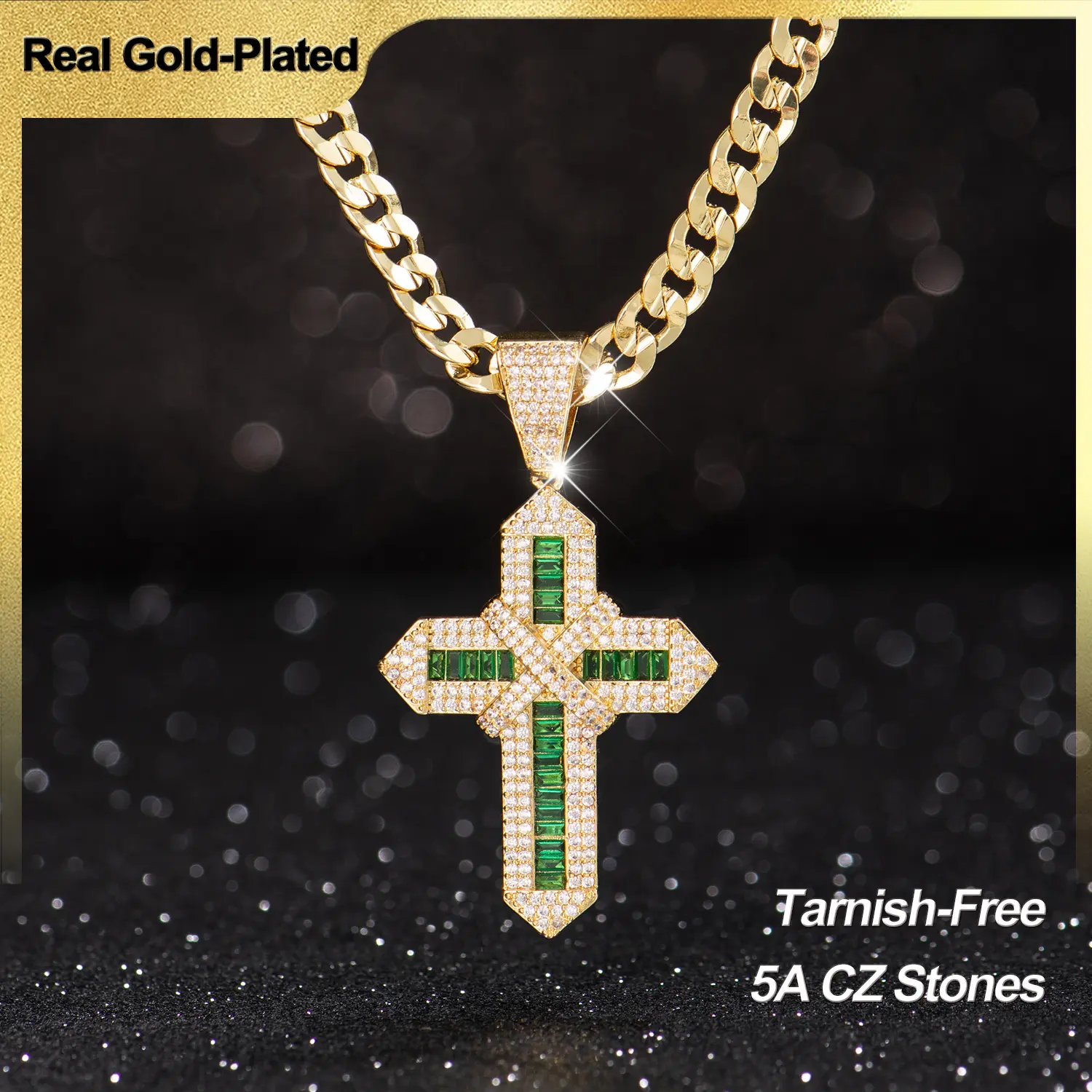 Holylegend 14K Real Gold Plated Multicolor & Green Cross Necklace for Women and Men, Tarnish-Free Iced Out Pendant with 5A CZ, Cuban and Rope Chain, Hip Hop Bling Jewelry Gift,Father's Day Gift