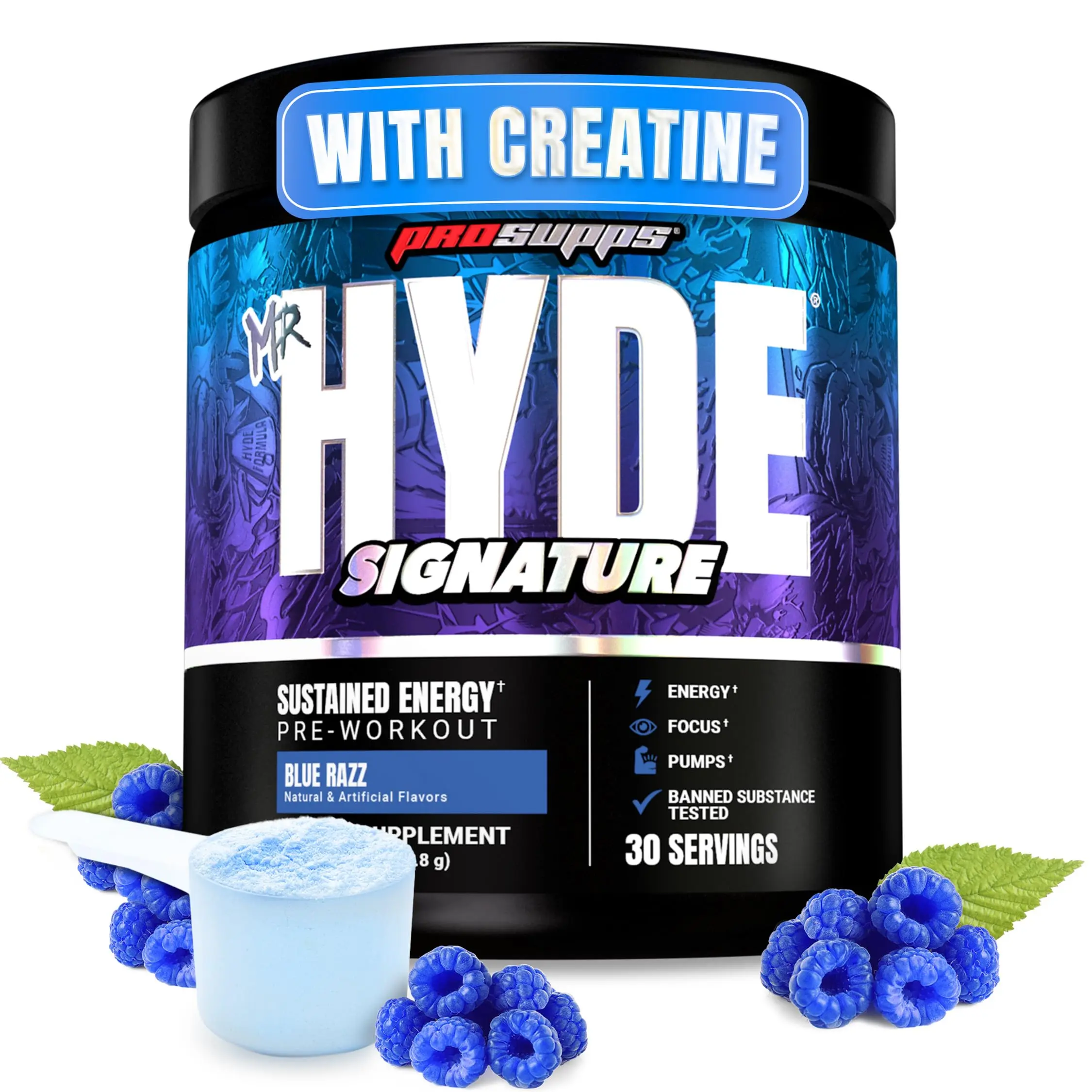 PROSUPPS Mr. Hyde Signature Edible Pre-Workout Powder - Creatine, Beta Alanine, Caffeine, Malic Acid, Sucralose - Fitness Supplement for Men - Clean, Optimum Energy, Performance, Endurance (Blue Razz, 30 Servings)