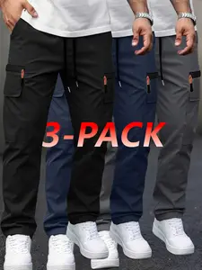 Men’s 3-Pack Spring/Autumn Outdoor Work Pants: Large Capacity Zippered Pockets, Elastic Waistband, Flap Cargo Pockets — Suitable for Hiking, Fishing, Camping, Climbing, Sports, Gym, Running, and Everyday Casual Wear.