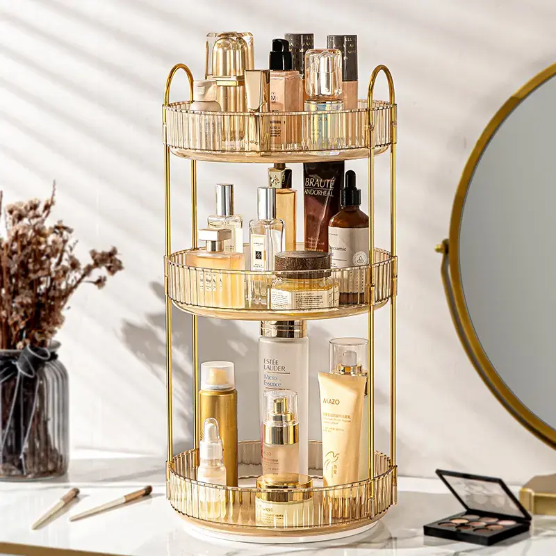 Multifunctional 3-Tier Acrylic Corner Vanity Organizer with 360-Rotatable Gold Metal Pole - Home Supplies for Cosmetic, Perfume, Skincare, Jewelry, Accessory & Box Storage, Driver-Friendly Women’s Ideal Gift (Vanity Organization Desk Solution)