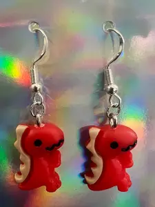 Candy Apple Red Dino Earrings T-Rex with Tan Mane Playful Girly Accessory Adorable Whimsical Lightweight Comfortable Perfect Gift for Dino Lovers
