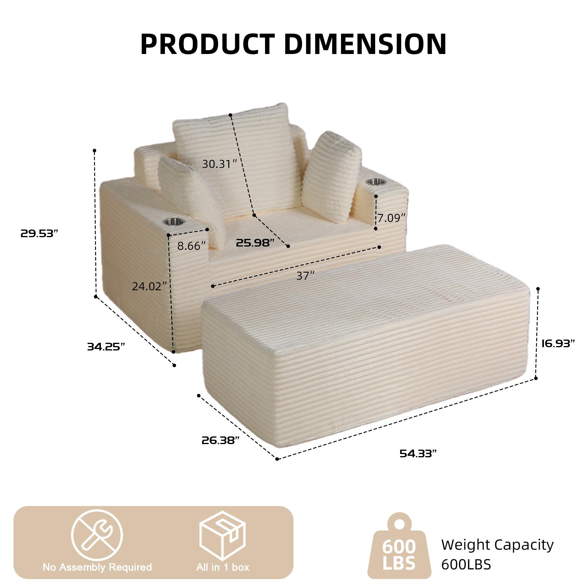 QAK 54" Boneless Chaise Lounge, Upholstered Sofa Bed with Cup Holder and Side Pockets, Indoor Leisure Lounge Chair, Luxury Plush Corduroy Chair Bed for Living Room, No Assembly Required