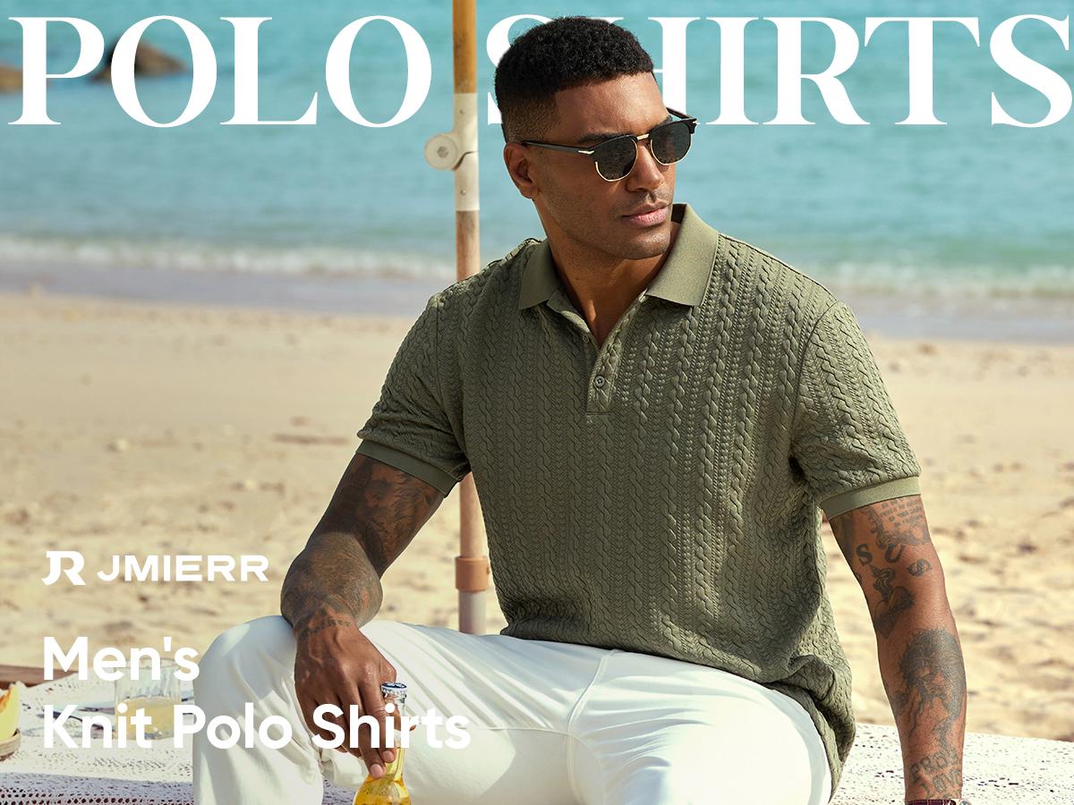 JMIERR Men's Polo Shirt Casual Knit Ribbed Textured Short Sleeve T Shirt Stretch Golf Shirt Summer Vacation Beach Shirts
