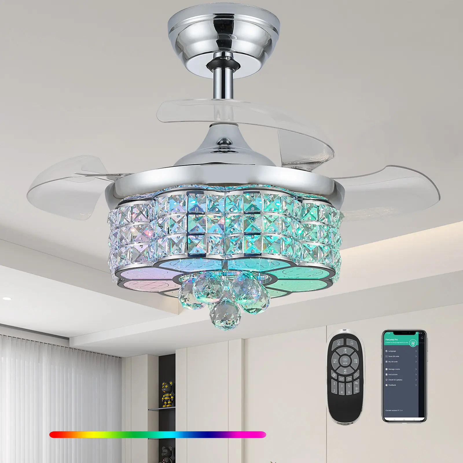 Zynfandor 30" RGB Crystal Retractable Ceiling Fan with Dimmable LED Light Chandelier, Remote & App Control, 6-Speed Timer, Memory Function, Silver for Bedroom, Living Room Home Decor, Room Decor, House Decor