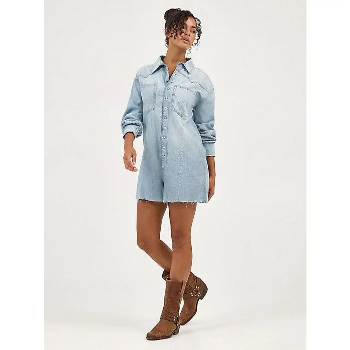 Wrangler Women's Punchy Snap-Up Cotton Overalls - Long-Sleeve, Short-Length, Fitted, Pockets, Casual, Iconic Details, Pearl Snaps, Lady, Loose Fit, Laidback Silhouette