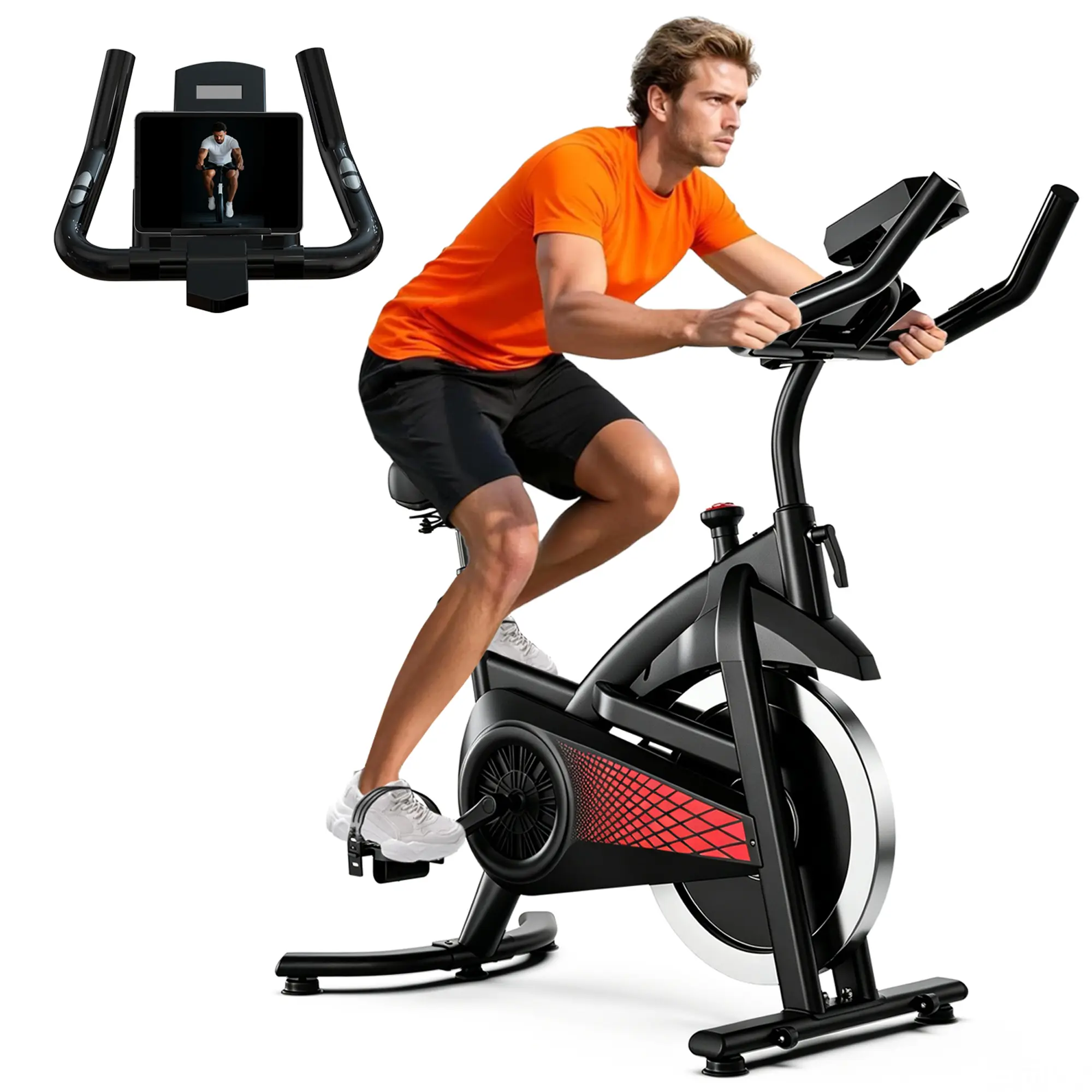 【SAVEYOUR】 Unisex Indoor Cycling Stationary Bike - Home Gym Equipment for Workout from Home, Quiet Belt Drive, LCD Monitor, iPad Holder for iPad Workout View, 3-Way Handle Fit for Cardio