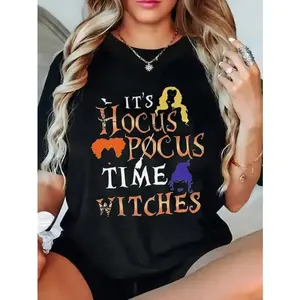 Hocus Pocus Time Witches Raglan Sleeve Black T-Shirt for Women & Men USA Made 100% Cotton Breathable Everyday Wear Minimalist Style