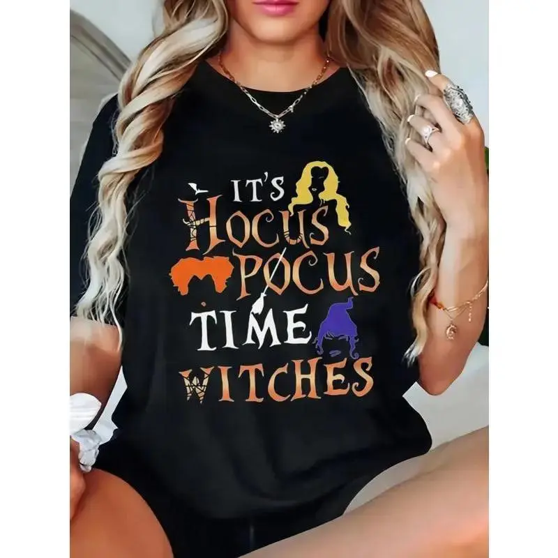 Women's Hocus Pocus Time Witches Raglan Sleeve Round Neck Black T-Shirt, USA-Made 100% Cotton Fabric, Casual Fit 1-Piece Breathable Everyday Minimalist Top for Men, Tshirt, Style, Breathable Fabric
