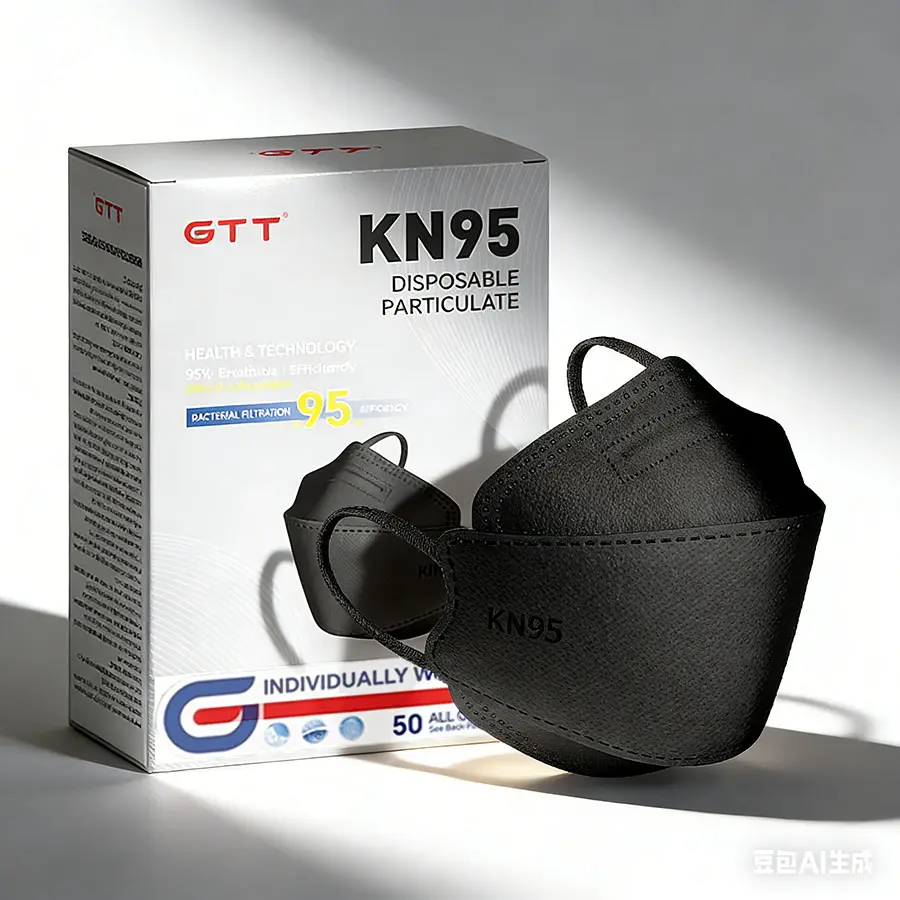 GTT KN95 Disposable Protective Face Masks for Adults - 200-Pack Individual Packaging, 3D Fish-Shaped, 5-Layer Non-Woven Fabric, 95% Filter Efficiency, Breathable, Soft, Black & White, GB2626-2019 Respiratory Protection Standards, for Casual & Wedding Use