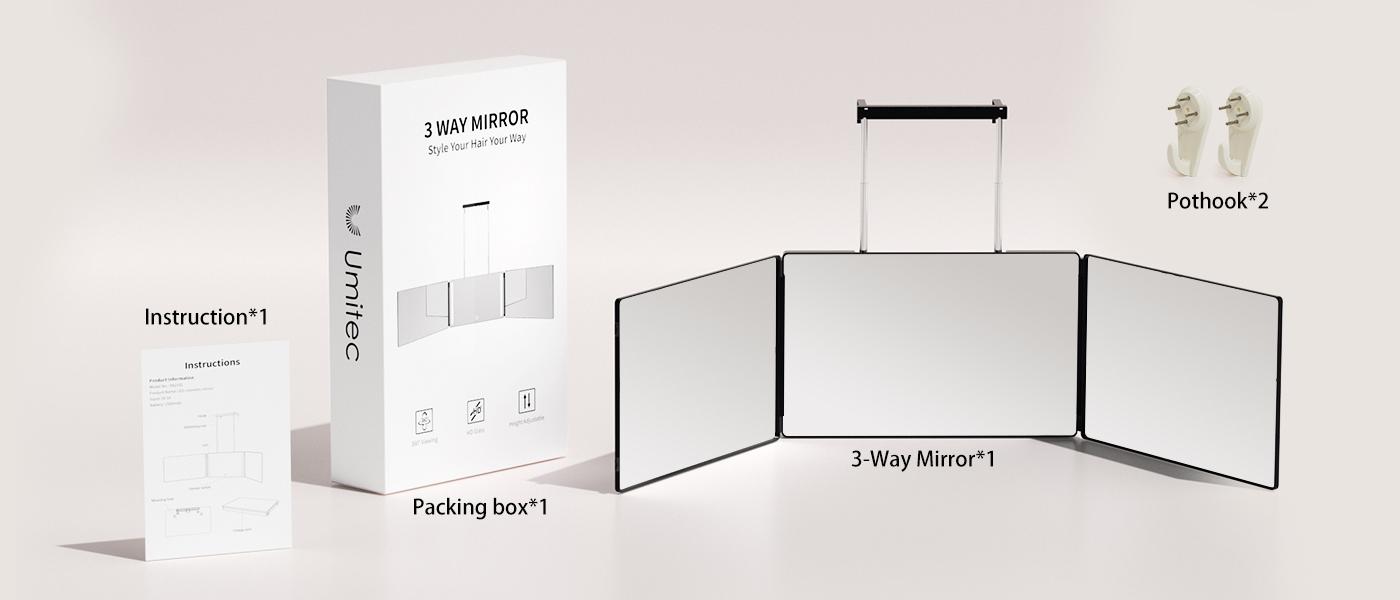 Umitec Adjustable LED Light 3 Way Mirror, Portable Trifold Mirror for Shaving, Grooming, Hair Styling, Dye Hair, Makeup, Braiding, 360 Degree Mirror